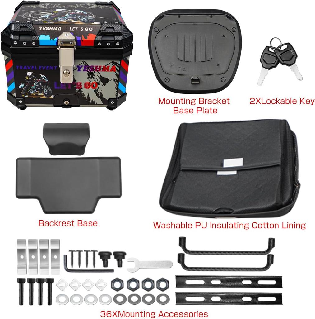 45L 57L Universal plastics Motorcycle Tail Box Top Case Lockable Luggage Top Helmet Waterproof Shock Absorption Storage Carrier