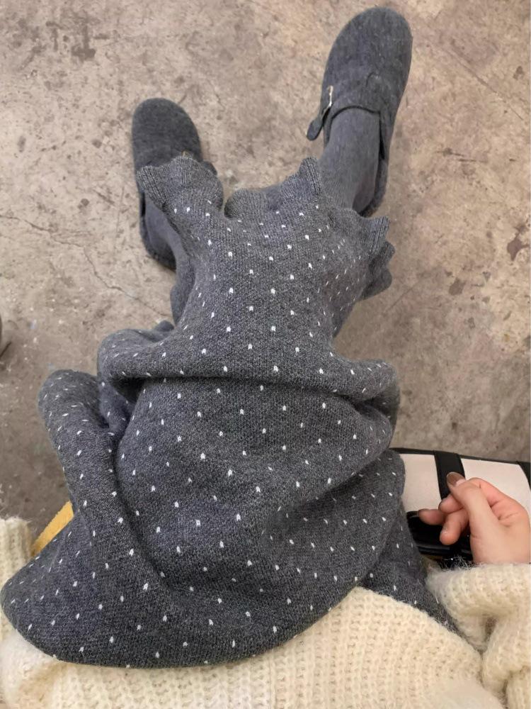 Arctic Fleece High Waist Polka Dot A-Line Skirt - Women's Dark Gray Slimming Mid-Length for Autumn/Winter