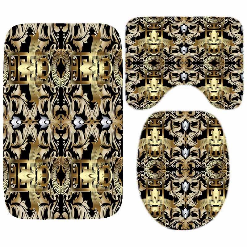 Luxury Black Gold Greek Key Meander Border Bath Rug Set Modern Geometric Ornate Bathroom Door Mat for Toilet Floor Carpet Decor