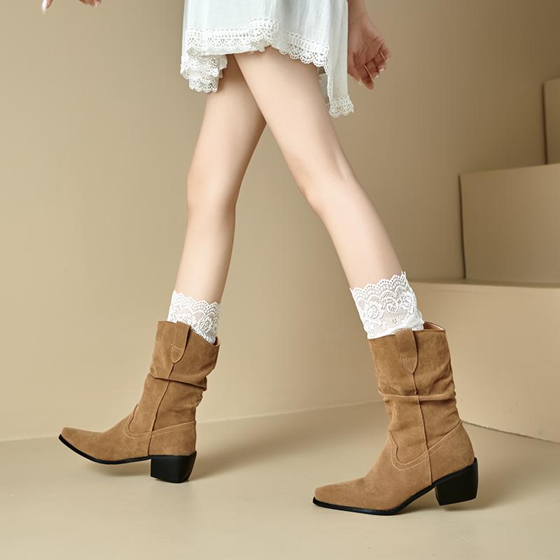 Women's High-heeled Short Boots Autumn and Winter New Suede Large-size Casual Roman Boots