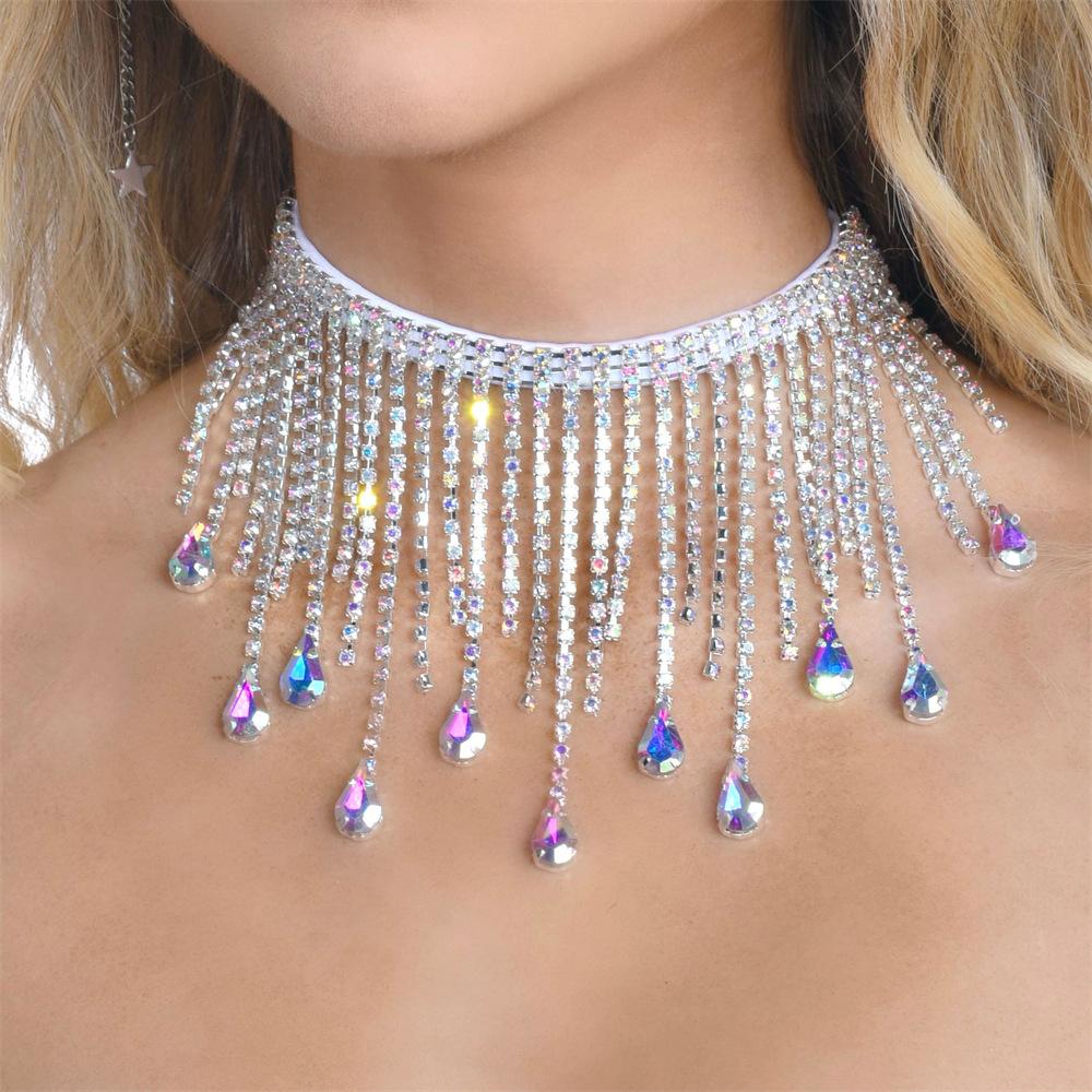 Xqwewanticedd Women's European And American Tassel Chain Water Drop Pendant Necklace, Personalized Nightclub Super Flash Jewelry Accessories