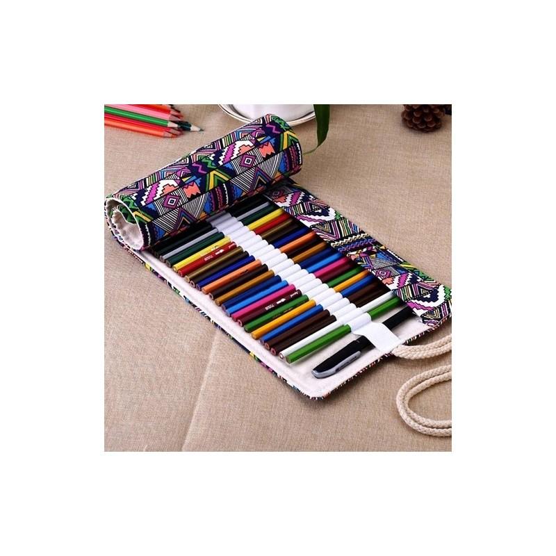Ethnic Style Colored Geometric Pattern Pencil Canvas Storage Bag For Artists And Students