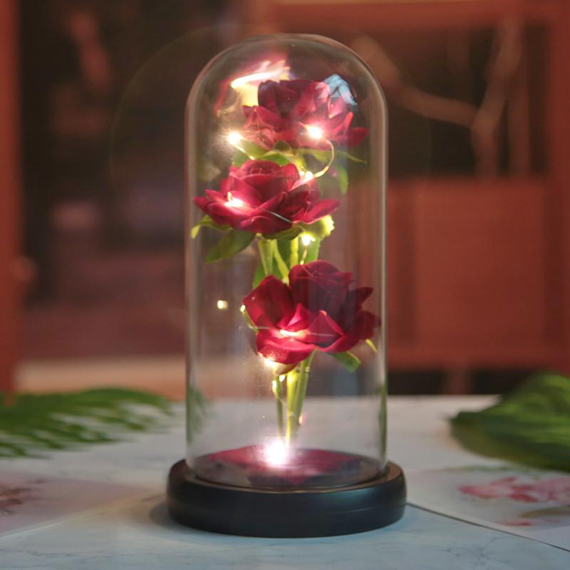 Three simulated immortal flowers, glass cover ornament, LED night light, rose, creative Valentine's Day gift.