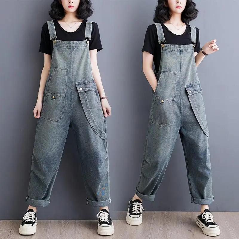 Damen Sommer Literarisch Retro Übergröße Locker Lässig Denim Latzhose Damen
