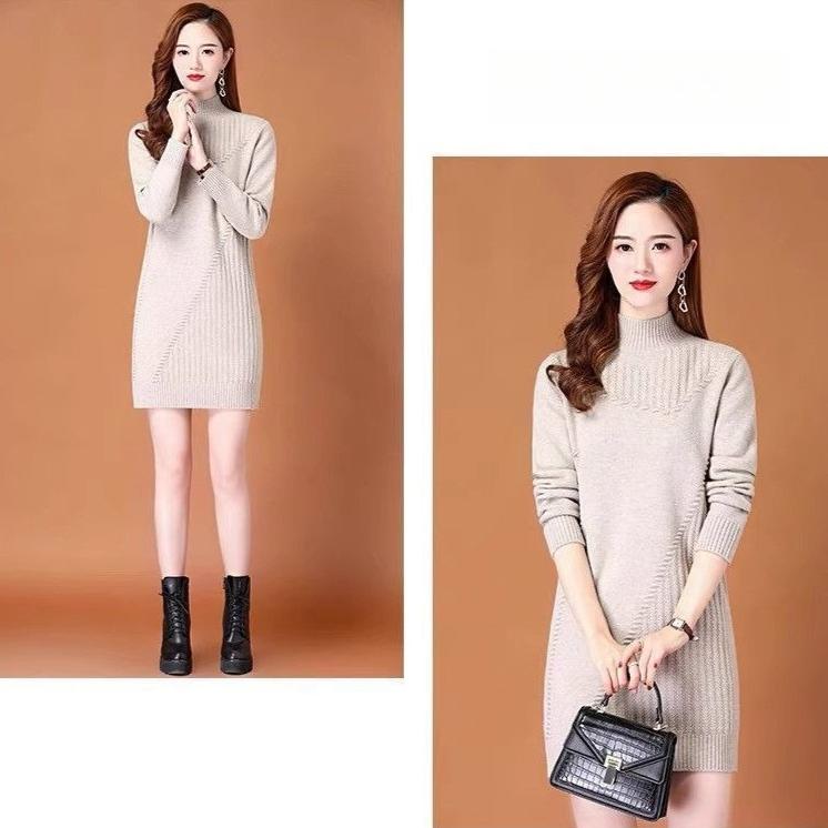 Half Turtleneck Knitted Dress for Women In Autumn and Winter Solid-color Long-sleeved Pullover Mid-length Casual Solid-color Sweater