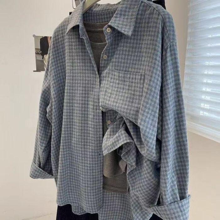 

Женская ретро синяя клетчатая хлопковая рубашка с длинным рукавом - весенне-осенний топ в ленивом стиле XL