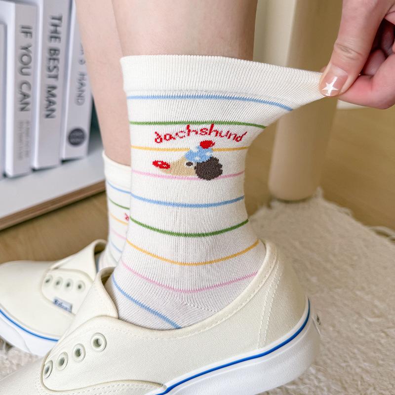 Dachshund Puppy Cute Socks Girls Season Preppy Illustration Cartoon Stripes Preppy Summer Stockings