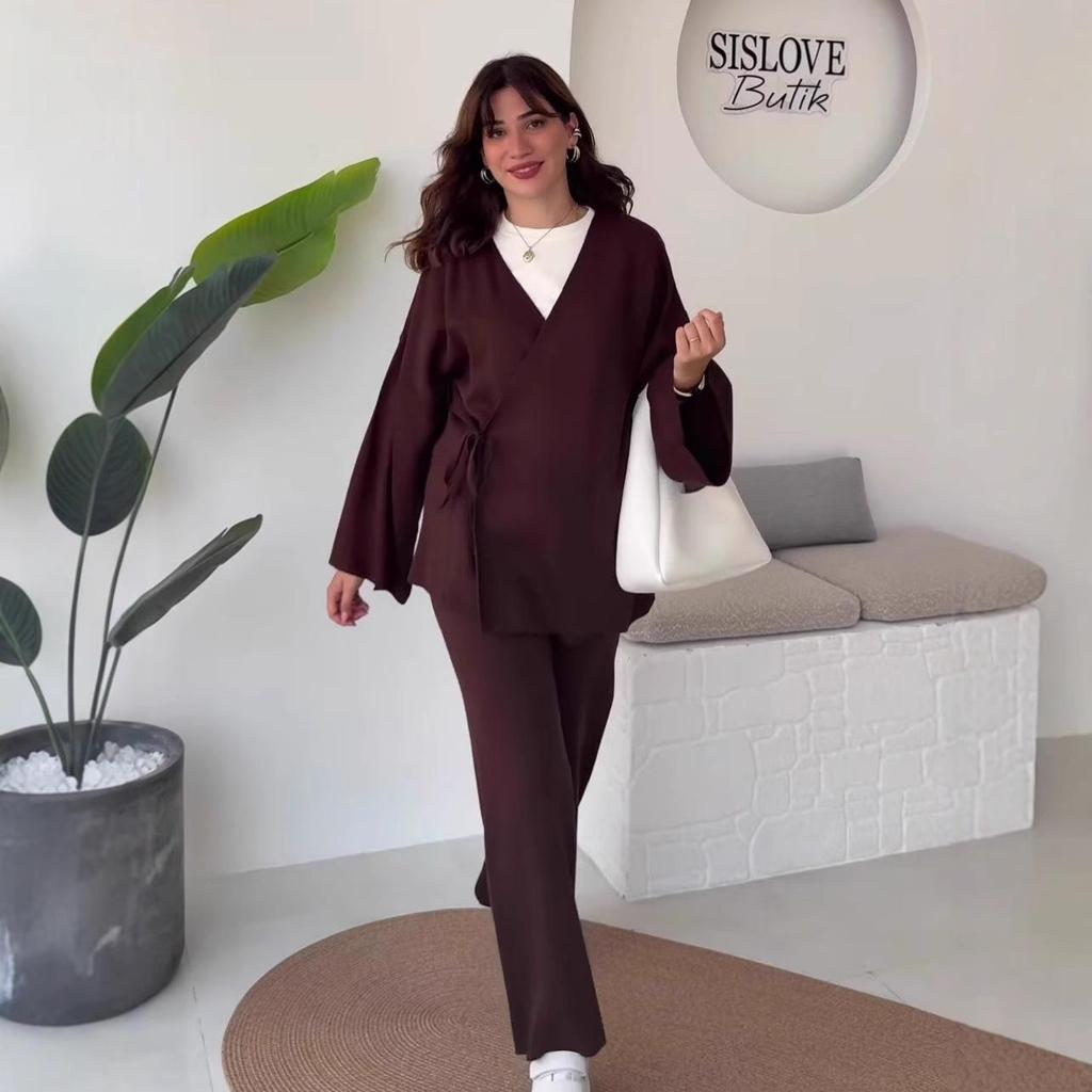 2025 Autumn Women's Crossover Collar Cardigan & Long Pants Set - Solid Color, Long Sleeve, Casual