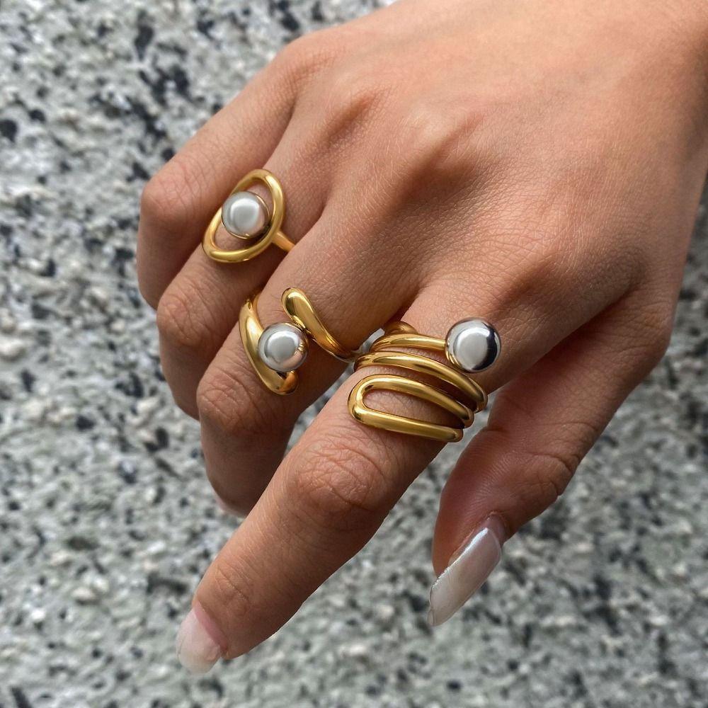 18K Gold Color Plated Finger Rings Stainless Steel Material Double Tone Design Geometric Rings Hollow Construction PVD Plated