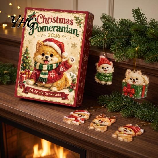 Reusable Holiday Pendant Cute Puppies Advent Calendar, 24 Days Christmas Countdown Calendar with 2D Tree Accessories Flat Acrylic Dog