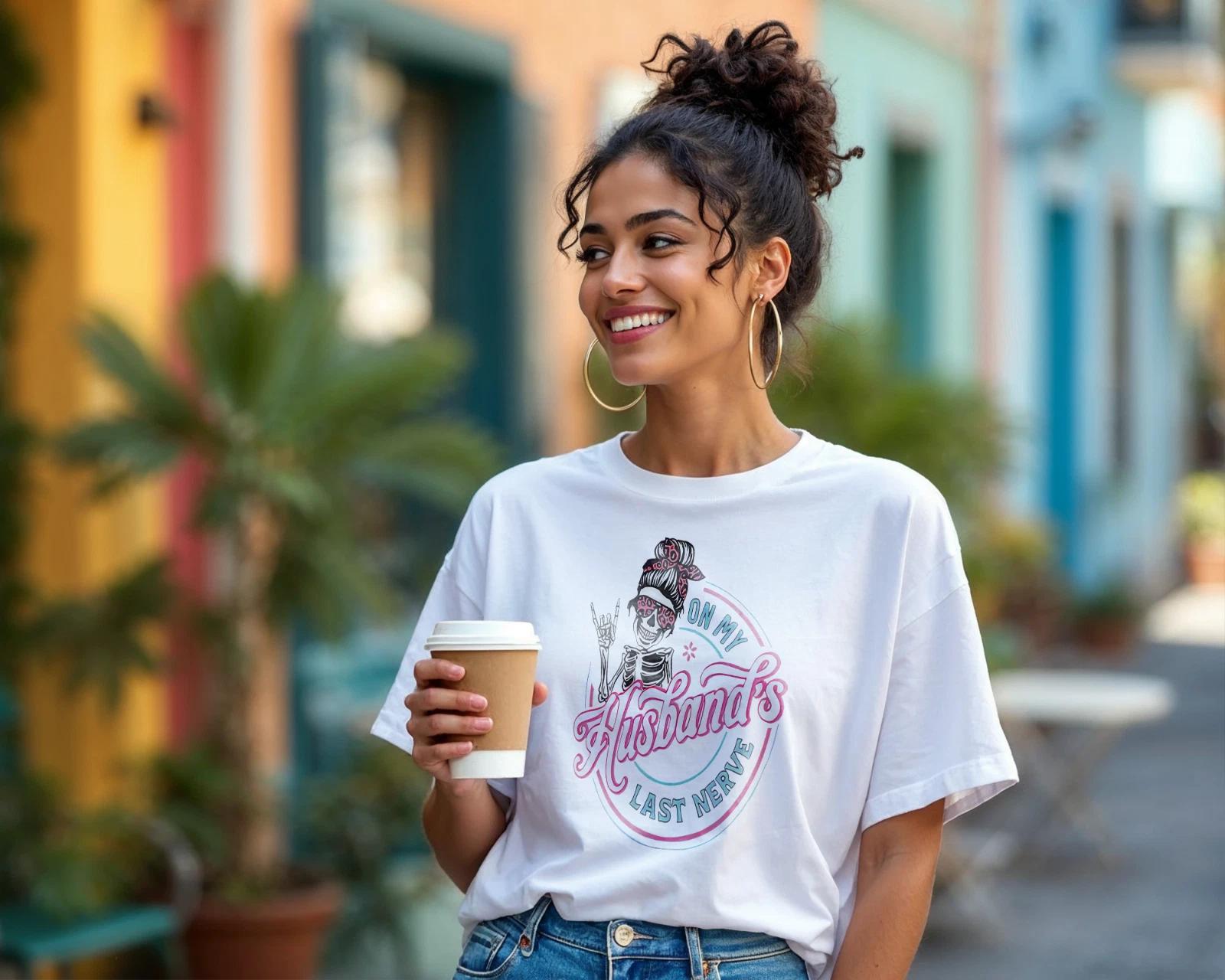 Funny Skeleton Wife T-Shirt – On My Husband’s Last Nerve Graphic Tee A219 XL
