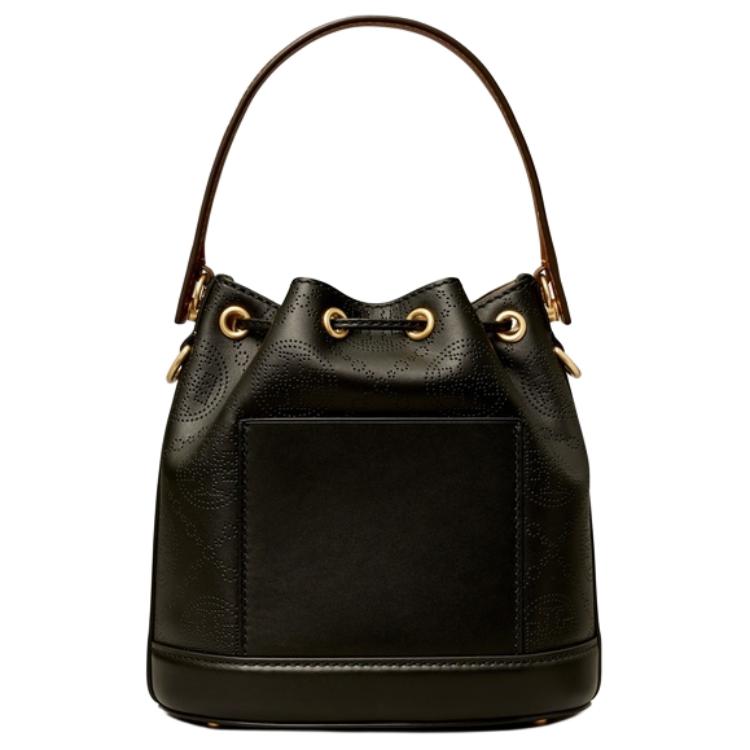 Tory Burch T Monogram Double T Logo Quilted Perforated Detachable Shoulder Strap Drawstring Leather Bucket Bag Women Bags Black 151791-001