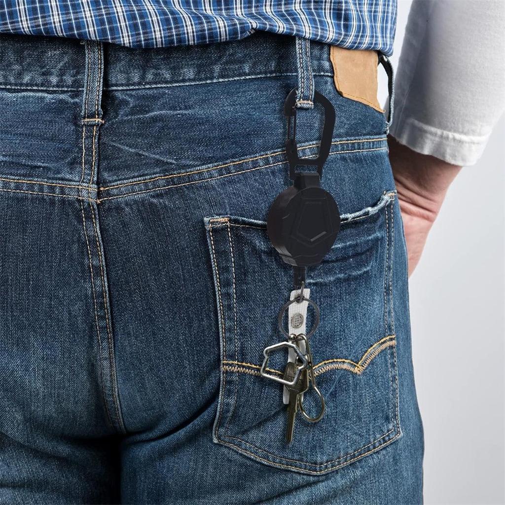 Black Metal Keychain with Easy-Pull Card Holder and Retractable Steel Wire for Climbing and Hiking