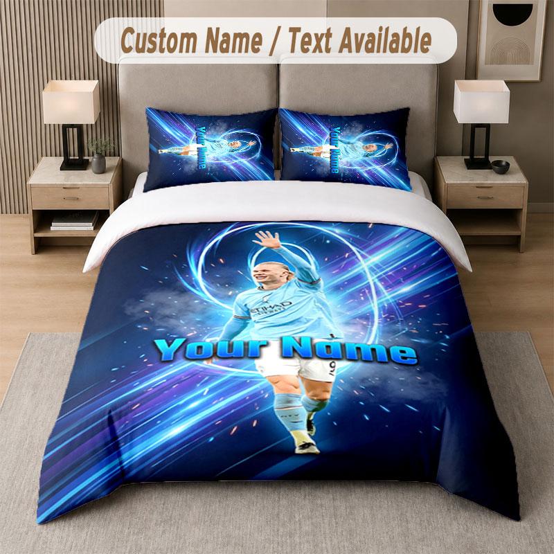 Custom Bedding Set Erling Haaland Pattern, Print Name Text 1 Duvet Cover Plus 2 Pillowcases Home Textile