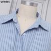 VONDA Women Turn Down Collar Long Sleeve Striped Print Slim Waist Casual Blouse Shirts