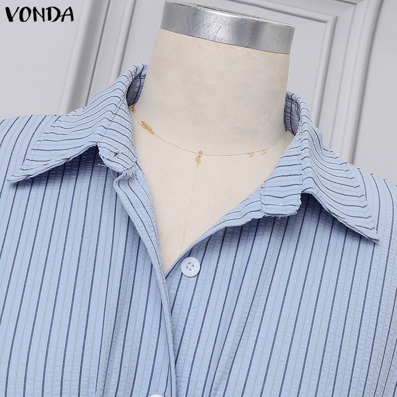 VONDA Women Turn Down Collar Long Sleeve Striped Print Slim Waist Casual Blouse Shirts