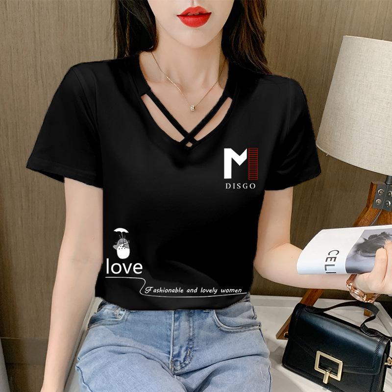 2025 Women's Korean Style V-Neck Short-Sleeve Solid Color T-Shirt