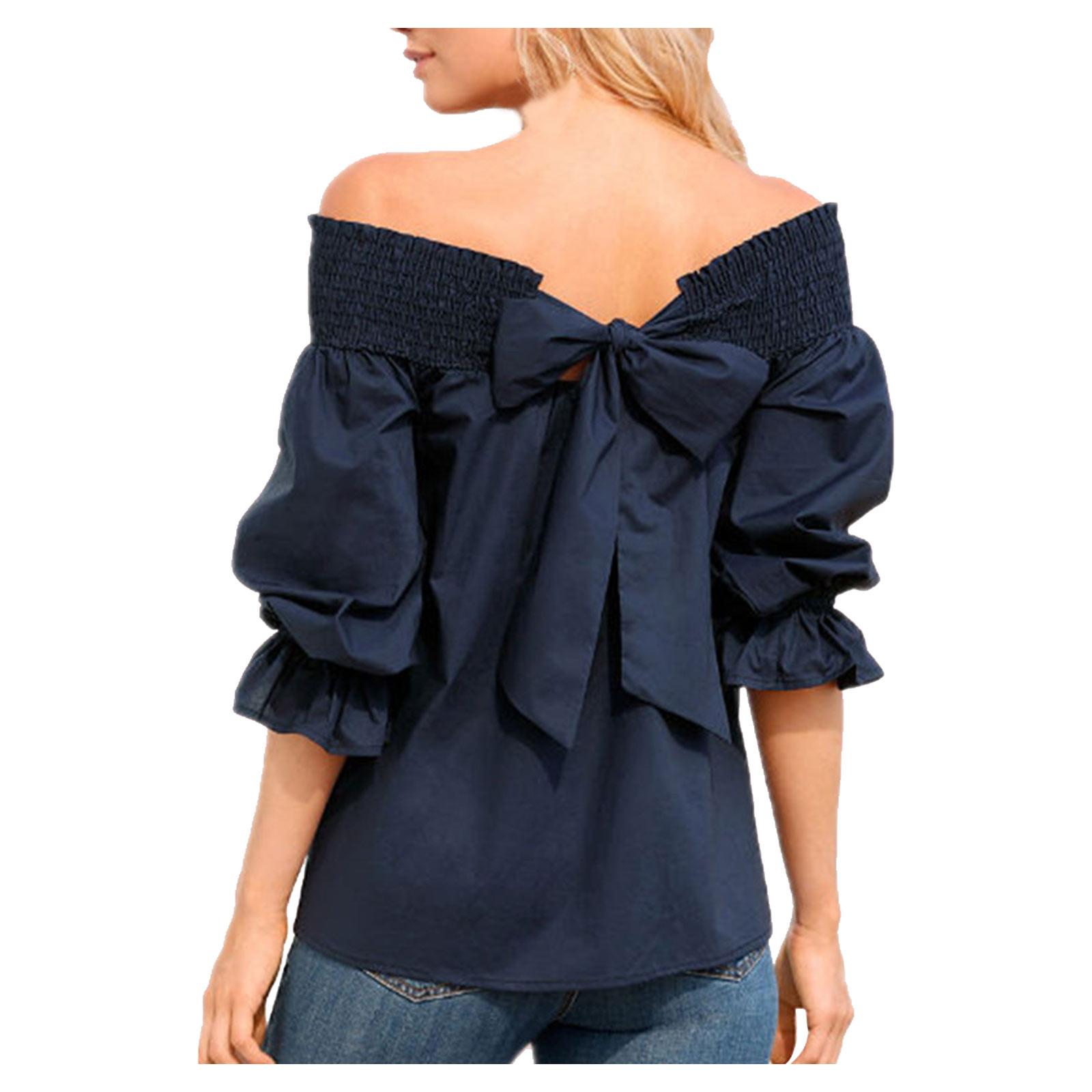 Women s Bubble Sleeve Bow Long Sleeve Square Neck Top Off-shoulder Solid Color Women s Tops And Blouses M тёмно-синий