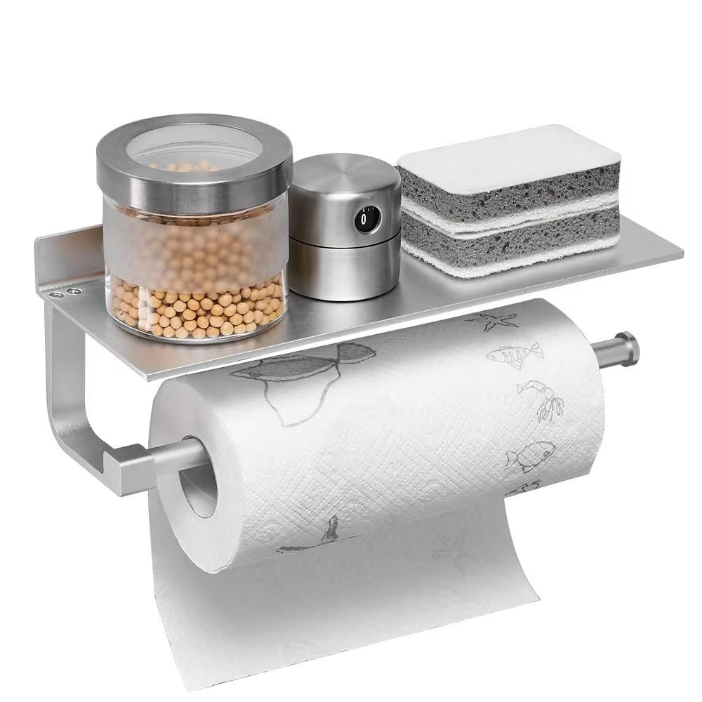 Adhesive Paper Towel Holder Wall Mounted for Kitchen  Bathroom Tissue Roll Hanger with Storage Shelf, Space Aluminum