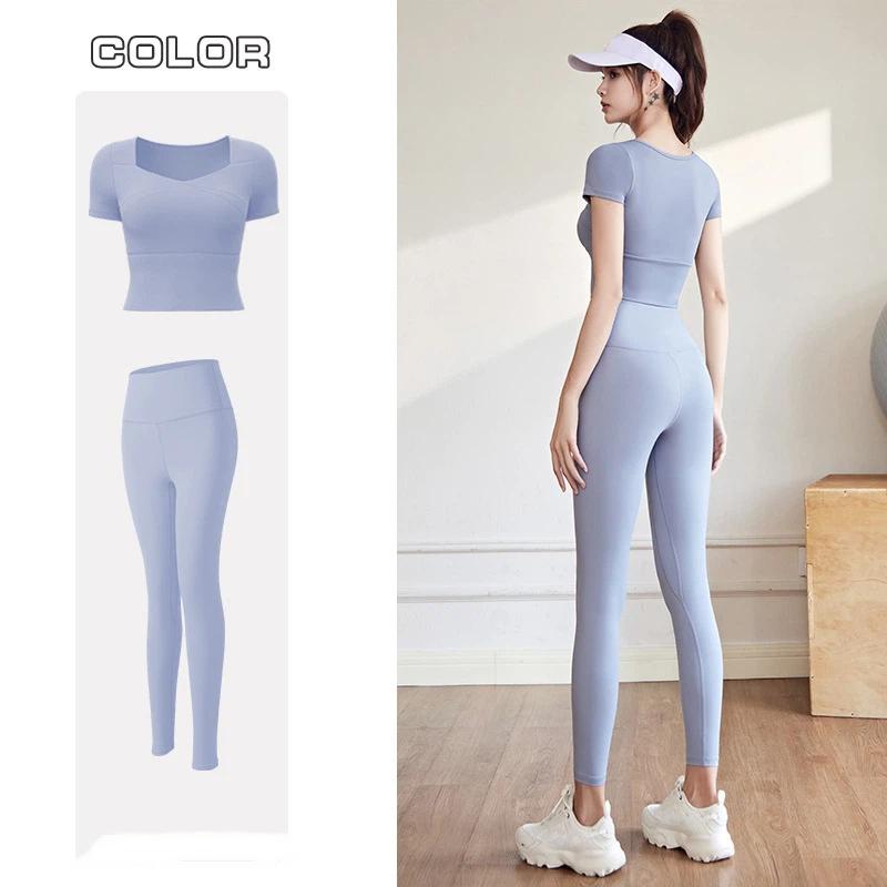 New Summer Sports Suit for Women Tight Quick Drying Short Sleeve Top with Underwire Support Full Length Yoga Pants Fitness Training Sets Famale