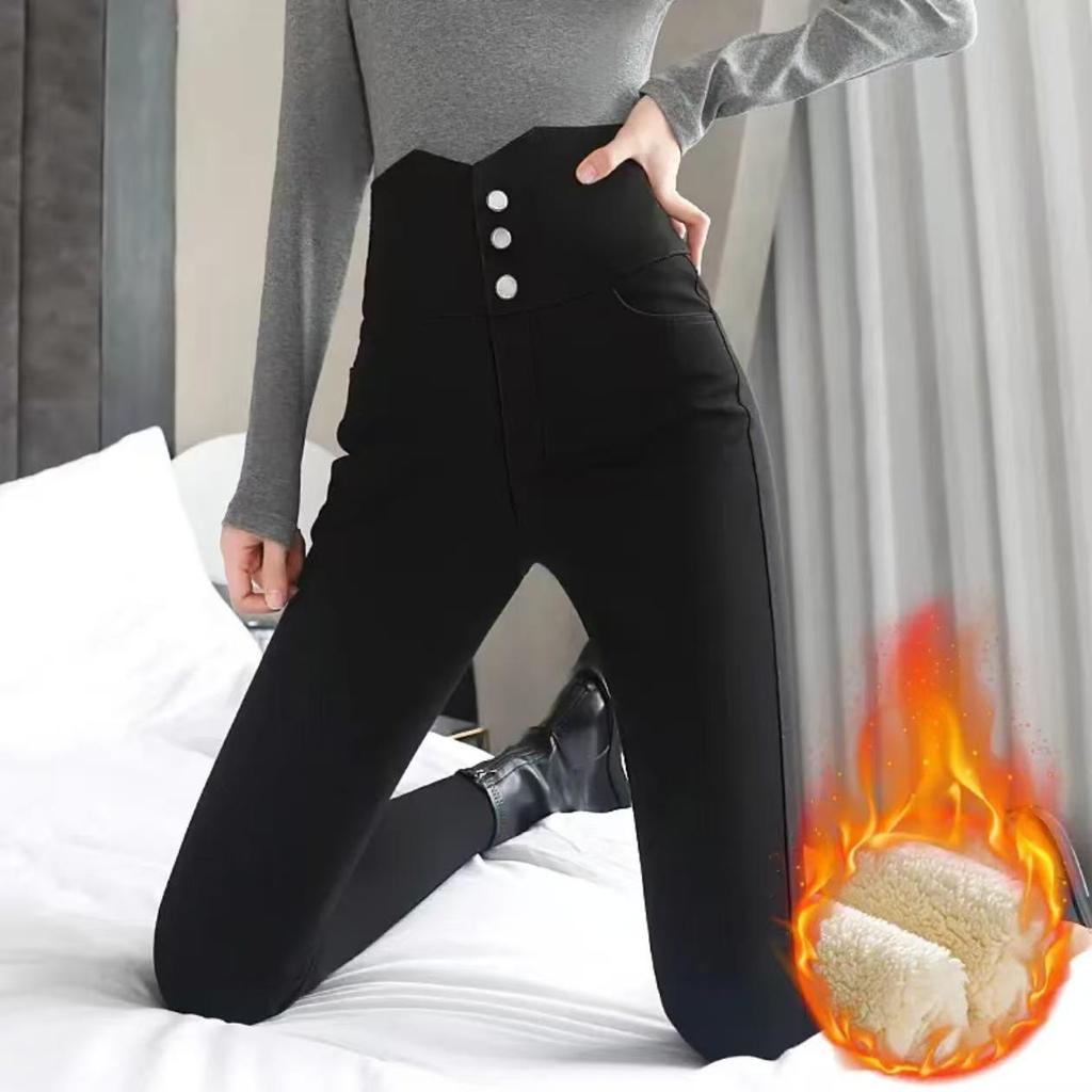 Plus Size Black Fleece-Lined High-Waisted Leggings - Spring/Autumn, Slimming, Stretchy, Skinny Pants.