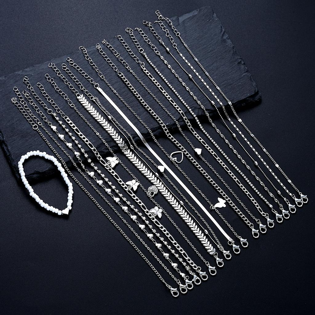 19 Stück/Set Neues Design Silberfarbene Fußkettchen-Sets für Damen Mode Perle Schmetterling Herz Kristall Fußkette Vielseitiger Täglicher Schmuck