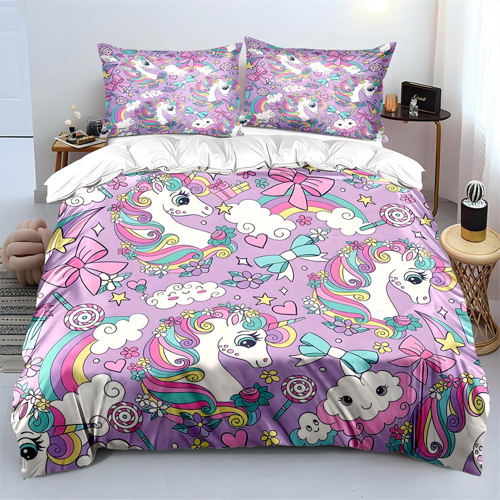 3pcs Dreamy unicorn and pink bow Print Bedding Set 1 Duvet Cover 2 Pillowcases for Adult and Children Luxury Gift Full Size 135x200cm