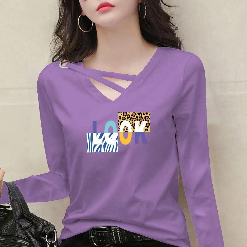 

Женская футболка с V-образным вырезом из чистого хлопка с длинным рукавом - 2024 Весна/Осень Свободный крой Модный топ 4XL