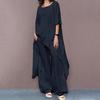 Women Cotton Linen Two-Piece Set Casual Solid Color 45720 Sleeves Shirts Pockets