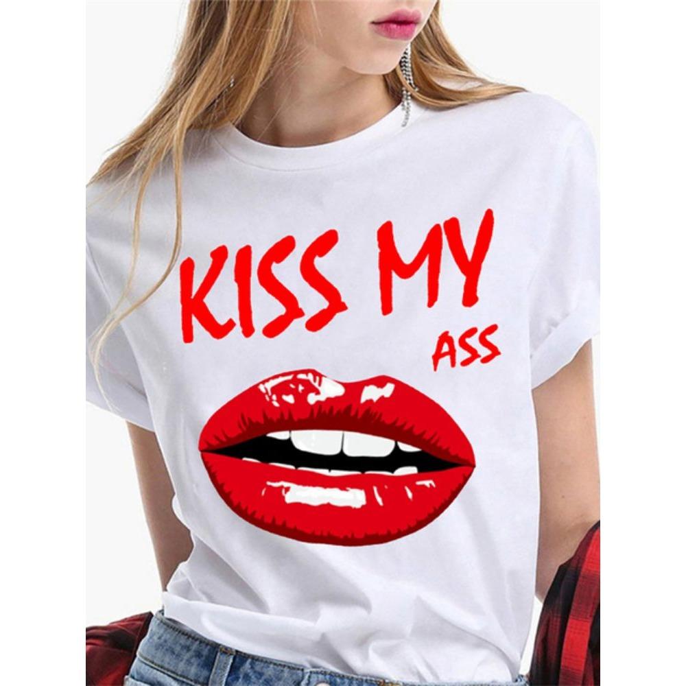 Fashion Sexy Red Lip Women T Shirt Funny Kiss Lips Print Ladies T-shirt Casual Basis O-collar Short Sleeves Female Tops Tees