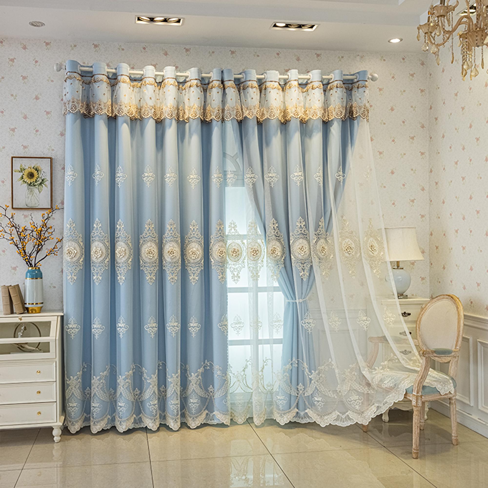 Roze Chenille Europese Verdikte Gordijnen High-end Geborduurde Relief Driedimensionale Verduisteringsgordijnen Afgewerkte Producten W100xH200cm&Grommet Top blauw