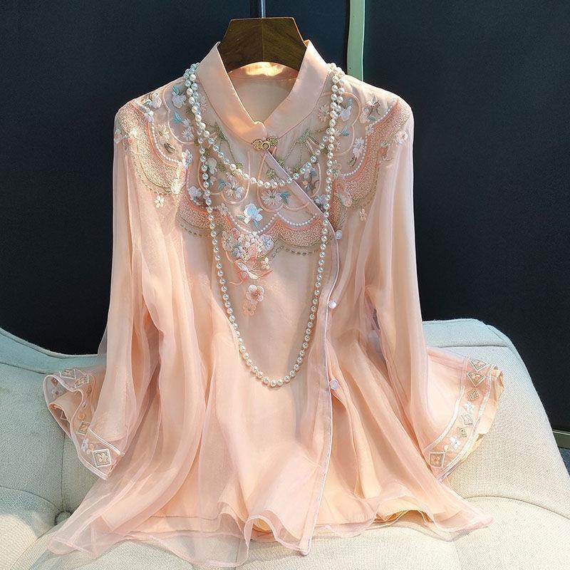 Chinese Style Women s Embroidered Top Spring New Retro Stand Collar Oblique Placket Tang Suit Jacket Shirt M розовый