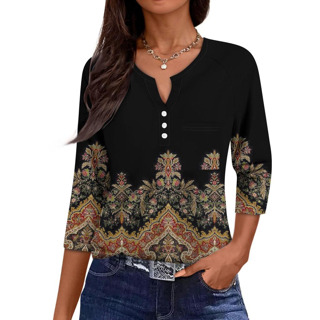 Ladies Casual Fashion V-neck Loose Versatile Floral Print Three-quarter Sleeves