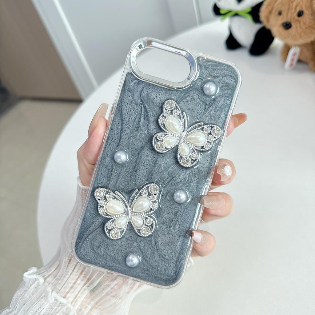 The new model is suitable for iPhone16ProMax mobile phone case, pearlescent rhinestone butterfly 15promax, Apple 14pro12.