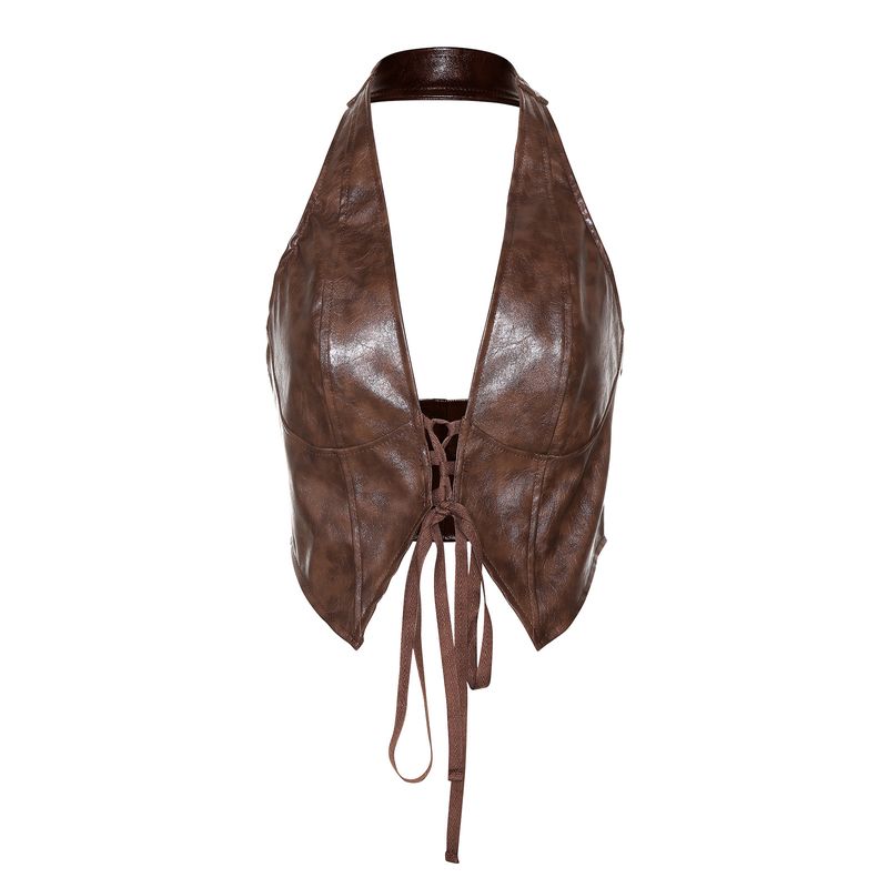 

Vostudio Sexy Sexy Low Cut V Neck Backless Halter Cardigan Retro PU Leather Shoelace Small Tank Top Top Women Brown S