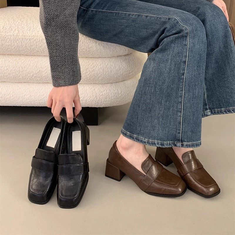 New Loafers Square Head Lazy One Pedal Thick High Heel Small Leather Shoes Versatile French Mary Jane Single Shoes Women's Middle Heel
