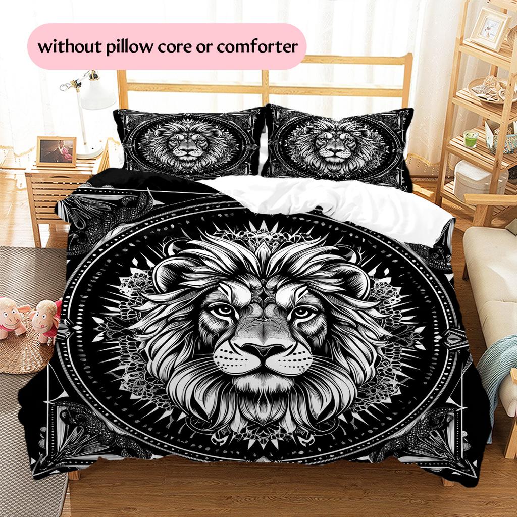 Black and White Lion Pattern Bedding Quilt Set  Home Decoration  Gift (1 * duvet cover + 2 * pillowcase  without core)