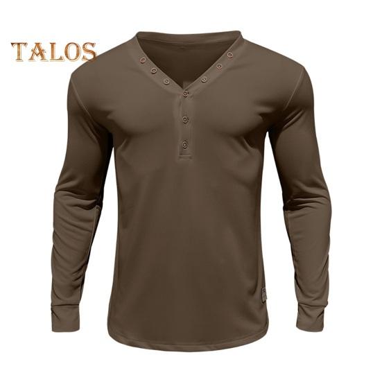Men Spring Autumn Top Button Decor V Neck Long Sleeves Solid Color Pullover T-shirt Stretchy Slim Fit Fitness Sport Top