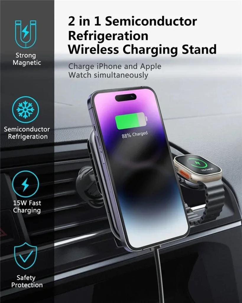 2 in 1 Car Wireless Charger Phone Watch Cooler Chargers 360° Rotation Air Vent Mount for iPhone 17-12 Watch 10 9 Fast Charging