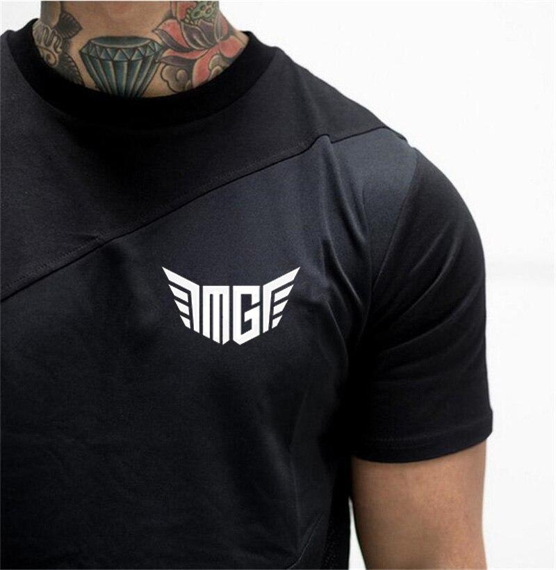 Muscleguys Mens  Printed Fitness Tees Youthful Vitality Short Sleeve T-shirt Sportswear Tees Mesh+cotton Gym Clothing  Bodybuilding  Top