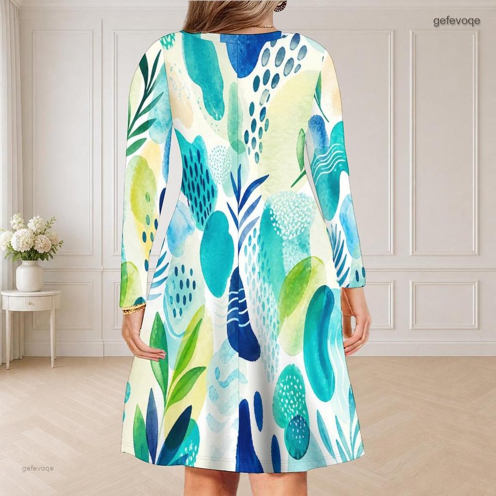 Women Plus Size V Neck Long Sleeve Abstract Printed Curved Hem Dress