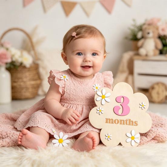 Baby Monats Meilenstein Karte Schild Holzblumenbrett mit 10 austauschbaren Zahlen für Neugeborenen Wachstums-Tracker Foto Requisite Babyparty Kinderzimmer Dekor