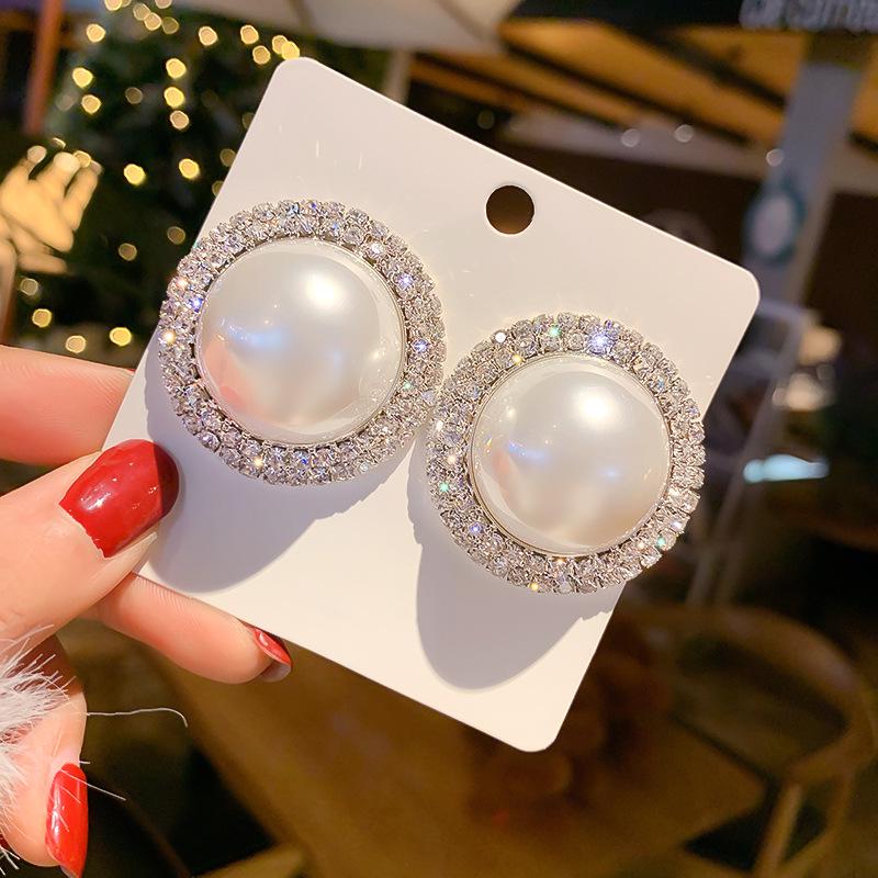 

Exaggerated Pearl & Diamond Circle Stud Earrings - Socialite Style
