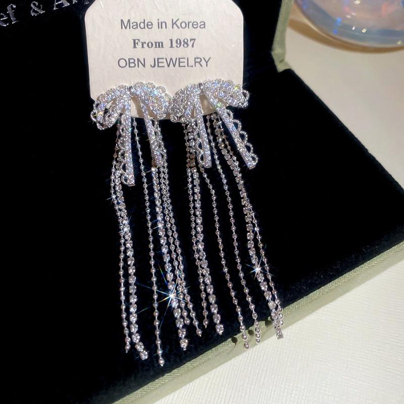 Silver Needle Korean Zircon Bow Tassel Earrings Fashion Elegance Temperament Earrings Exquisite Light Luxury Premium Earrings