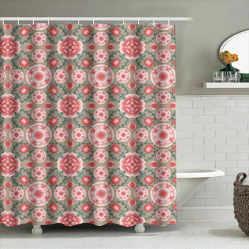 Handmade Floral Shower Curtain Decorative Bath Mat Set For Home Decoration Waterproof, Non-Slip Size Customizable (Tan)