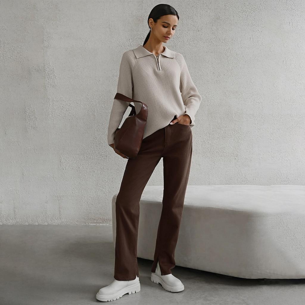 Fall Winter New Women's Casual Plain Polo Collar Pullover Knit Sweater European American Style Trendy Versatile Top