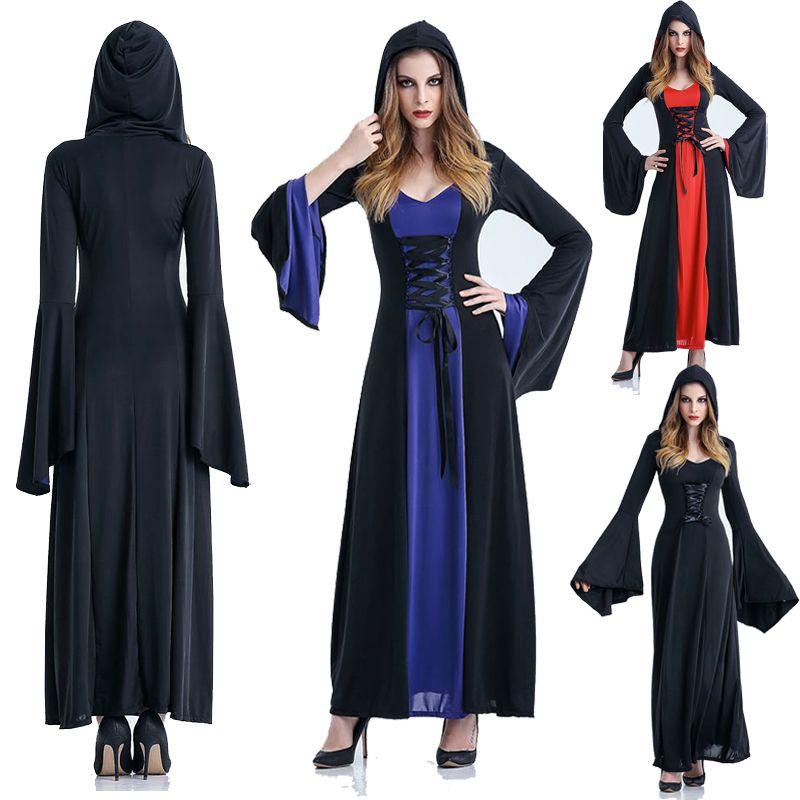 Enchanting Women Gothic Hooded Witch Wizard Dress With Flared Sleeves And Lace Up Design