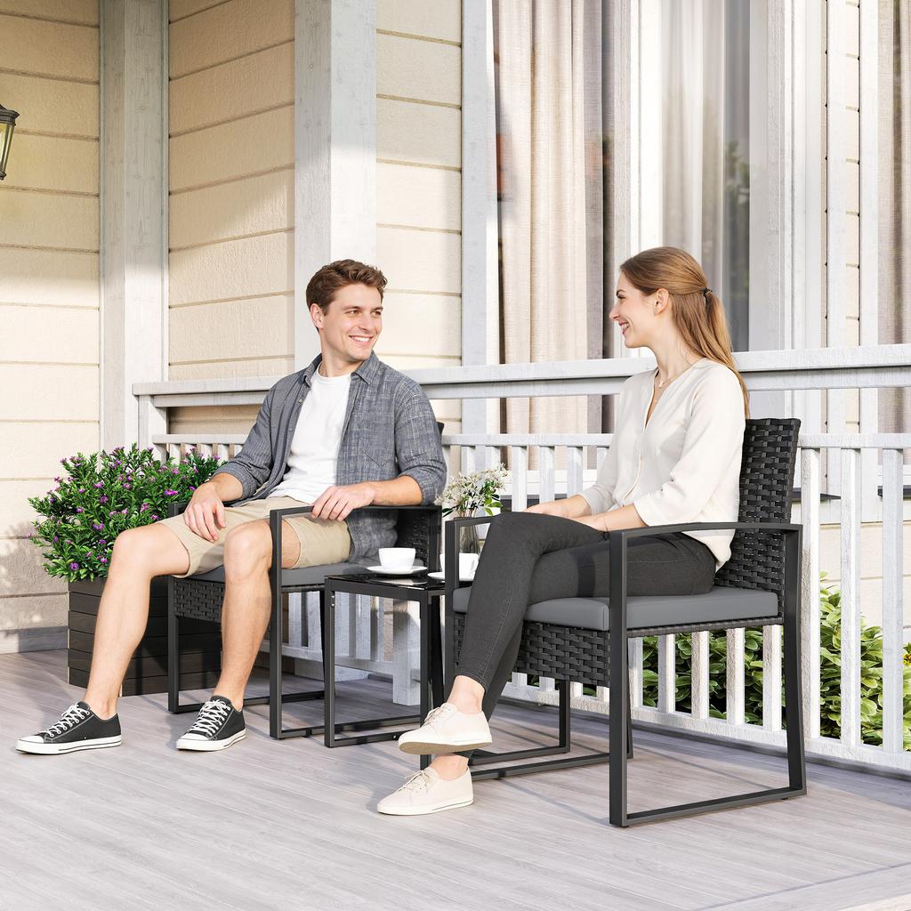 Rattan Bistro Set, 3 Piece Garden Furniture Set with Glass Top Table and Cushions, Light Grey