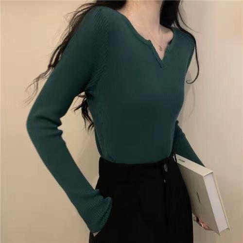 Slim-fit V-neck Knit Base Layer Top for Women Long-sleeve Solid Color Top Autumn/Winter Inner Sweater