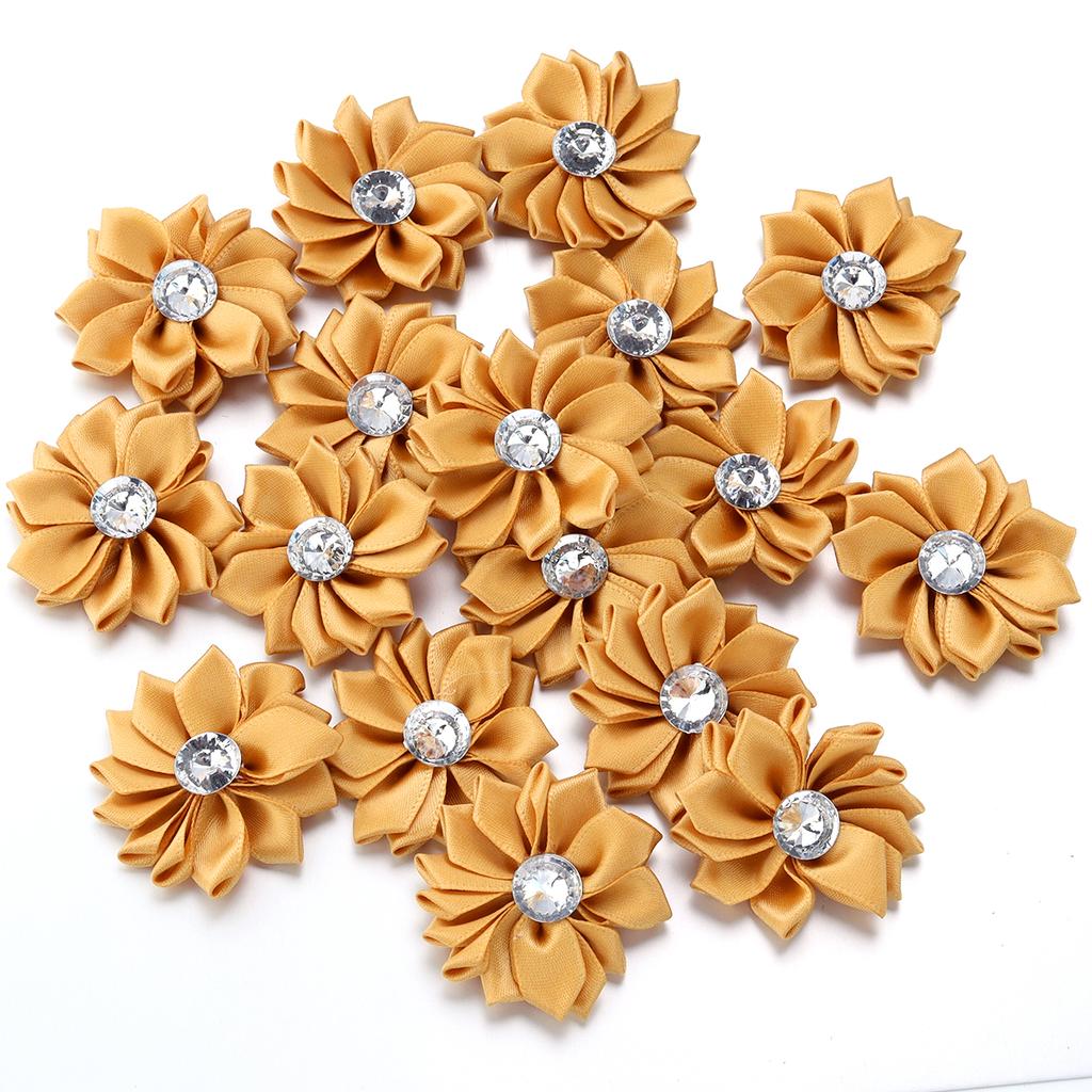 20pcs 4cm Mini Satin Ribbon Flowers Colorful Rhinestone Handmade Flowers For DIY Clothing Sewing Headwear Decoration Accessories
